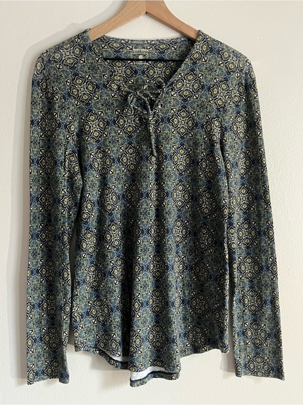 Ruff Hewn 100% Cotton Patterned Long Sleeve Tee w Lace-Up V-Neck Boho size M